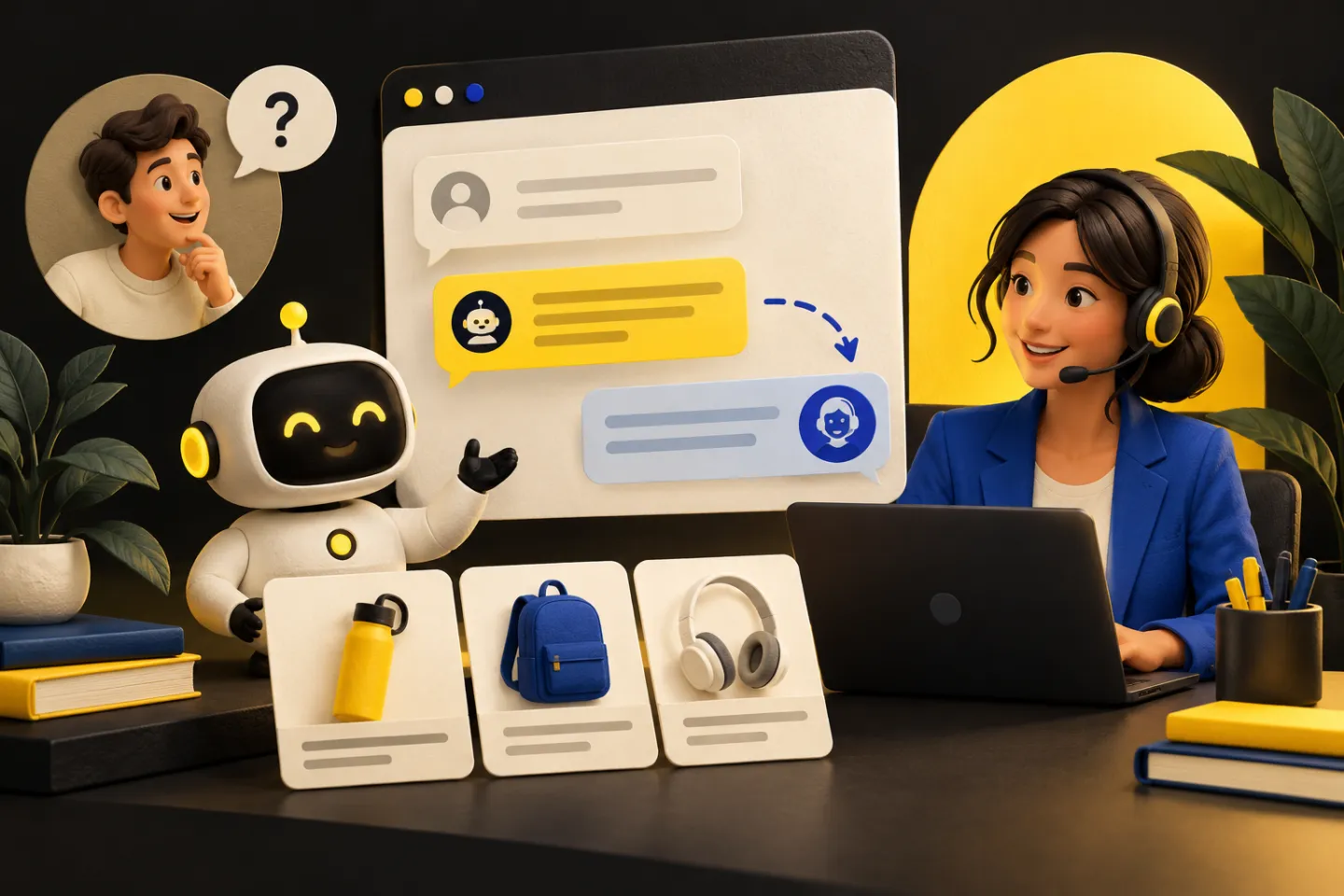 A website chat panel handing a qualified customer question to a human support agent, with product knowledge cards, illustrated in yellow, ivory and charcoal.