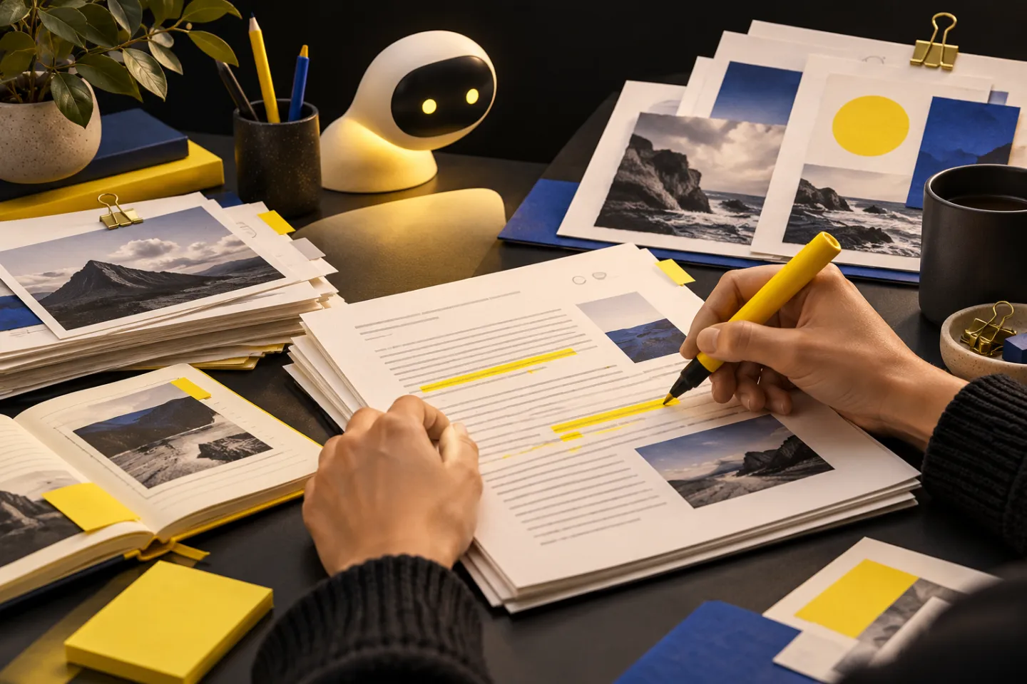 An editor's hands checking a draft alongside source documents, with a small abstract AI assistant shape in the background, illustrated in yellow, ivory and charcoal.