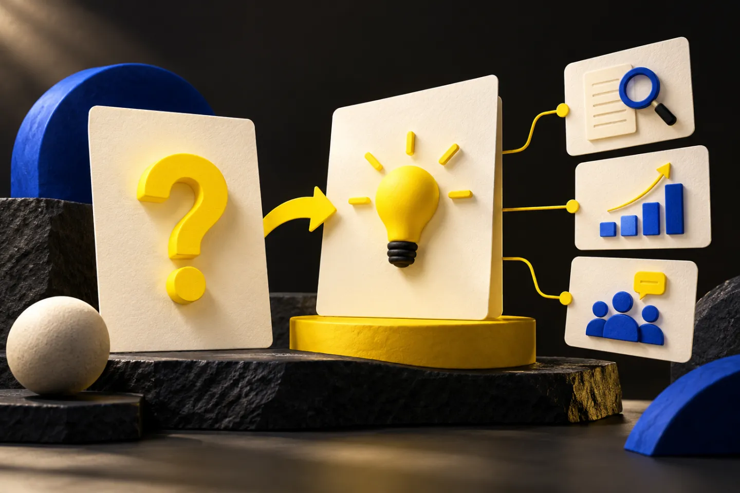 A precise question card opening into a concise answer card and supporting evidence sections, illustrated in yellow, ivory and charcoal.