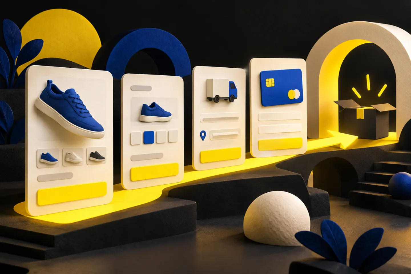 An ecommerce checkout path with obstacles removed: product page, size selection, shipping information and payment, illustrated in yellow, ivory and charcoal.