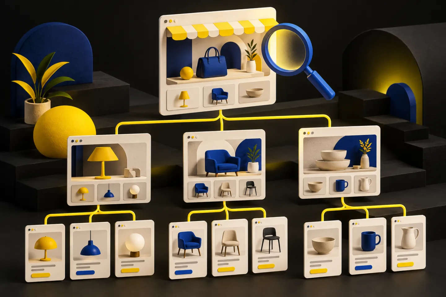 An elegant isometric ecommerce site tree: collection pages branching into product pages with a search magnifier, illustrated in yellow, ivory and charcoal.