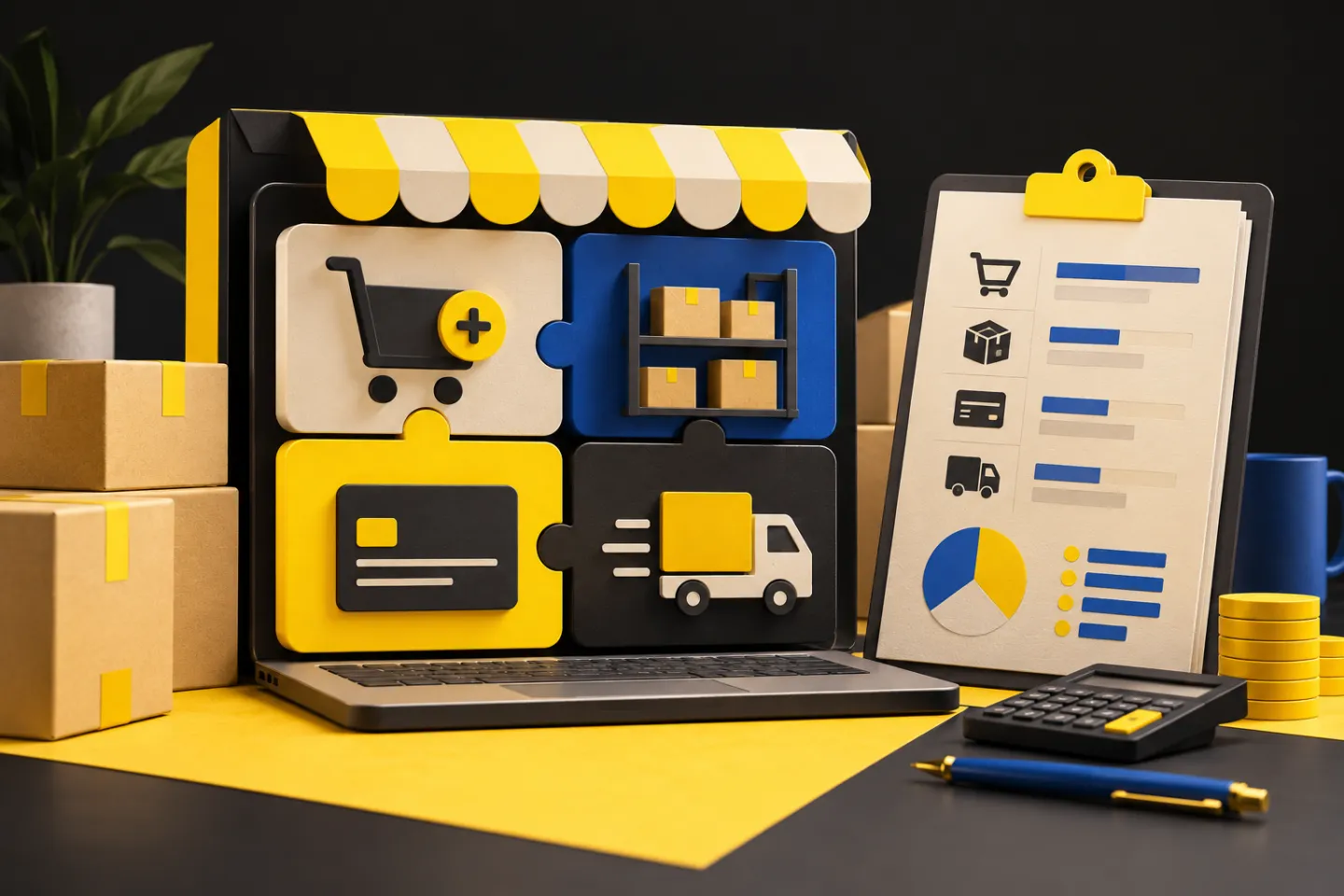 An online store assembled from checkout, inventory, payment and delivery modules beside a budget worksheet, illustrated in yellow, ivory and charcoal.