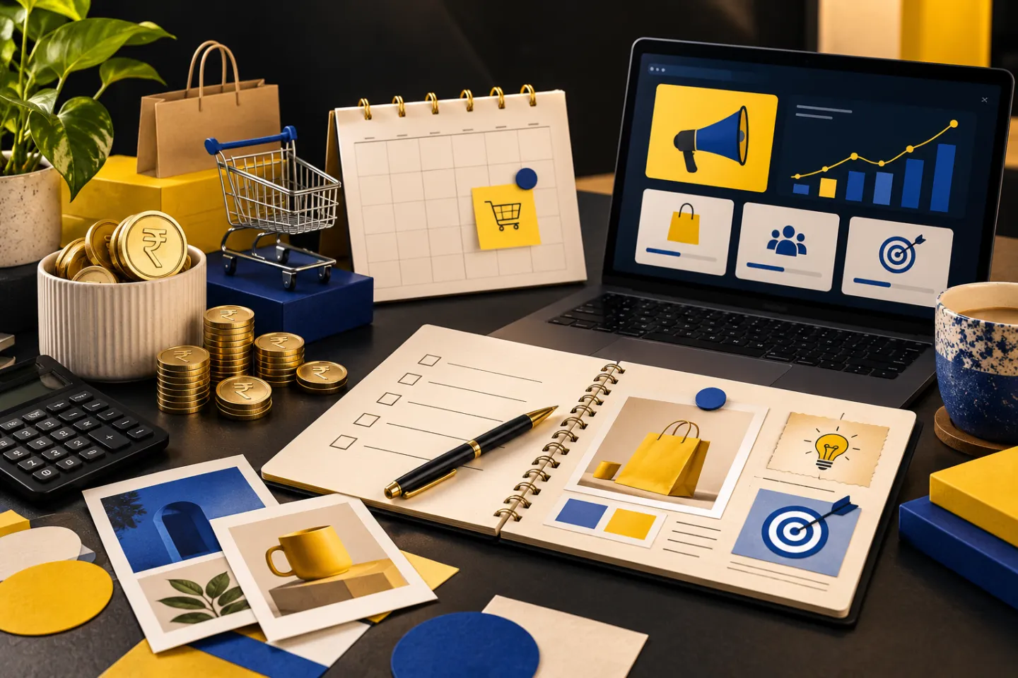 An Indian ecommerce budget planning desk with rupee coins, creative cards, a calendar and an abstract advertising dashboard, illustrated in yellow, ivory and charcoal.