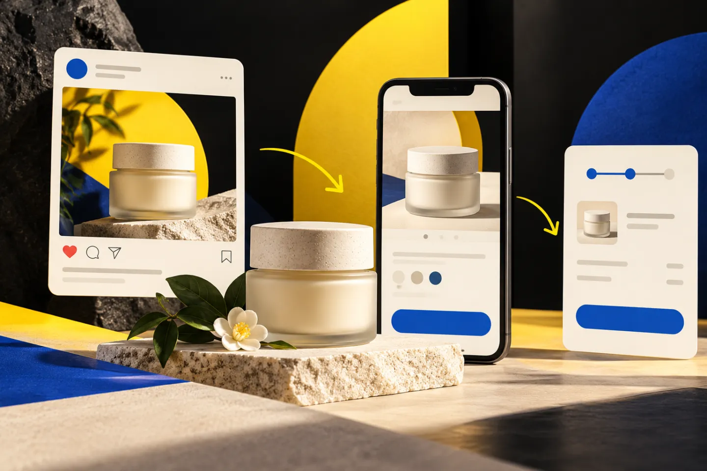 A stylish generic skincare product in a social advertising card connected to a mobile product page and checkout, illustrated in yellow, ivory and charcoal.