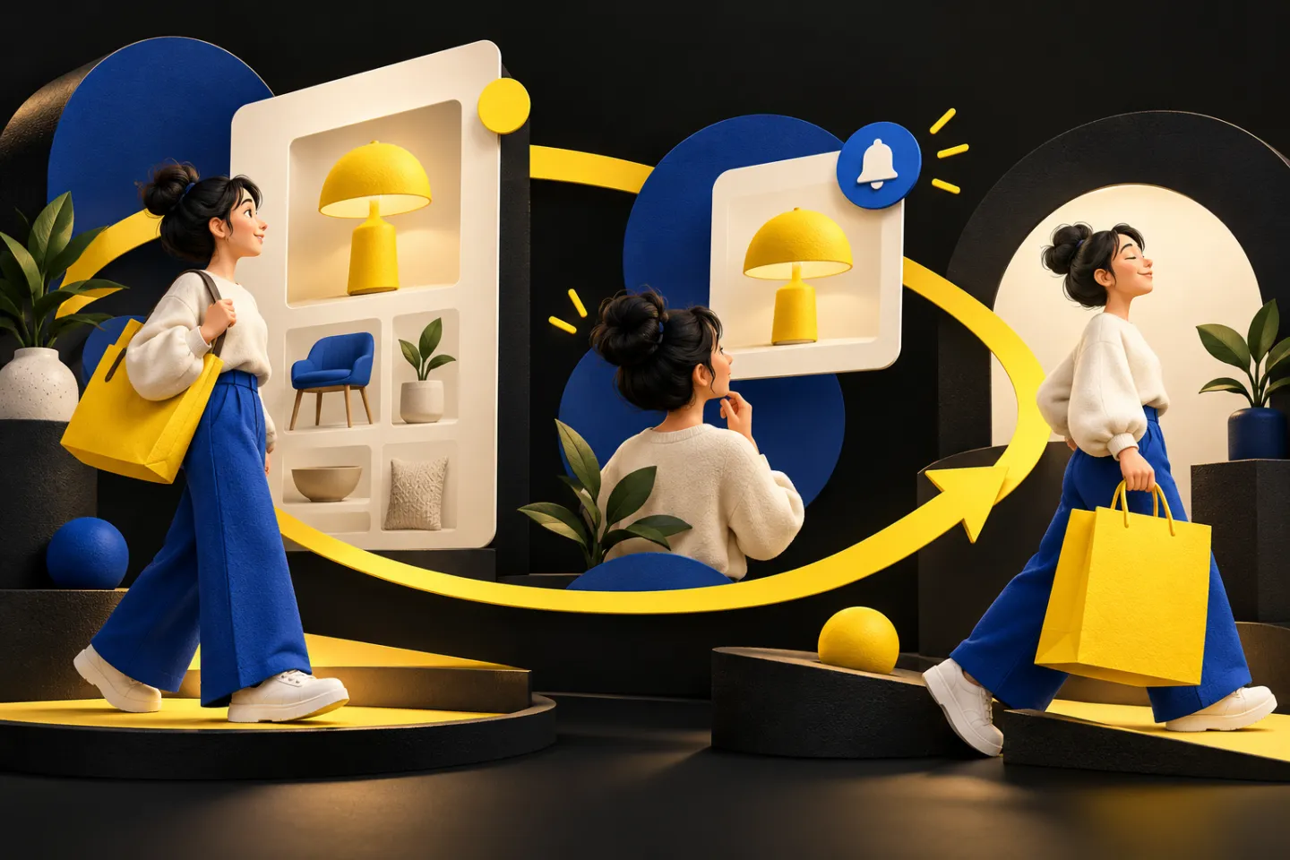 A product shopper's visual journey circling from product discovery through a helpful reminder back to a shopping bag, illustrated in yellow, ivory and charcoal.