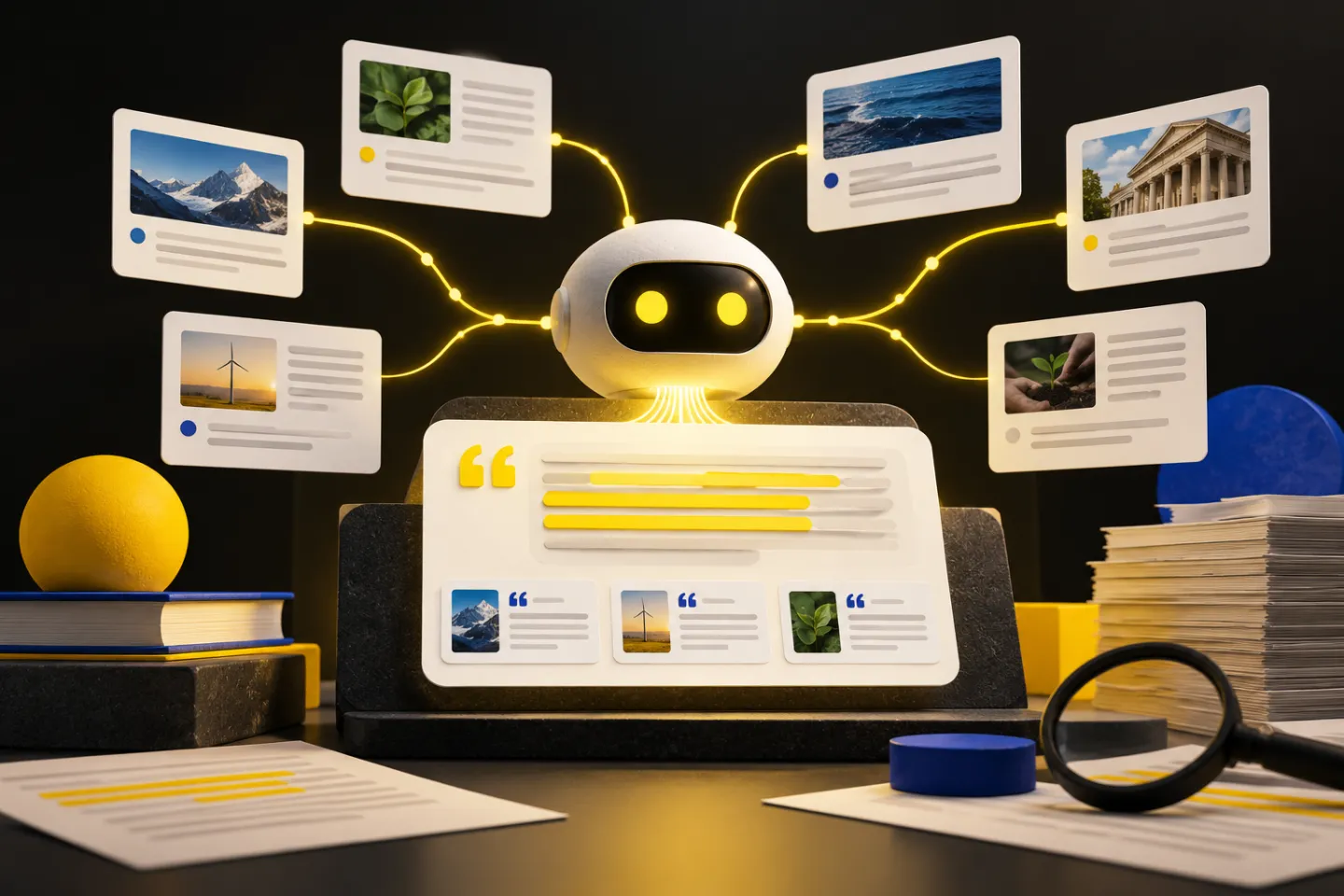 Multiple credible website source cards feeding an abstract AI answer interface, with evidence and quotation motifs, illustrated in yellow, ivory and charcoal.