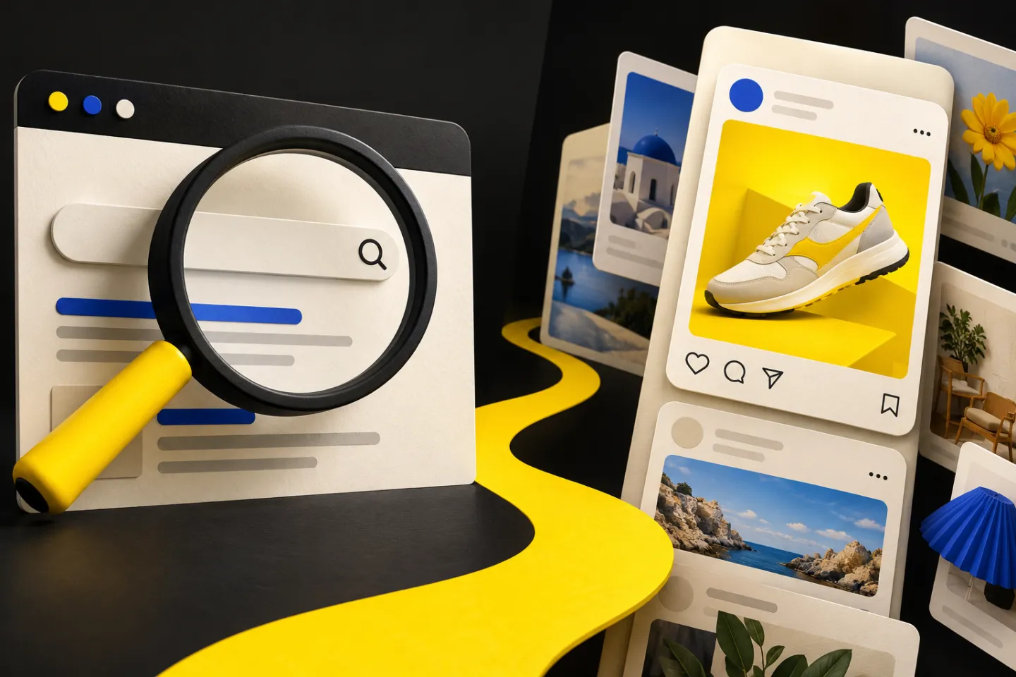A search interface with a magnifying glass contrasted with a social discovery feed containing a product advertisement, illustrated in yellow, ivory and charcoal.