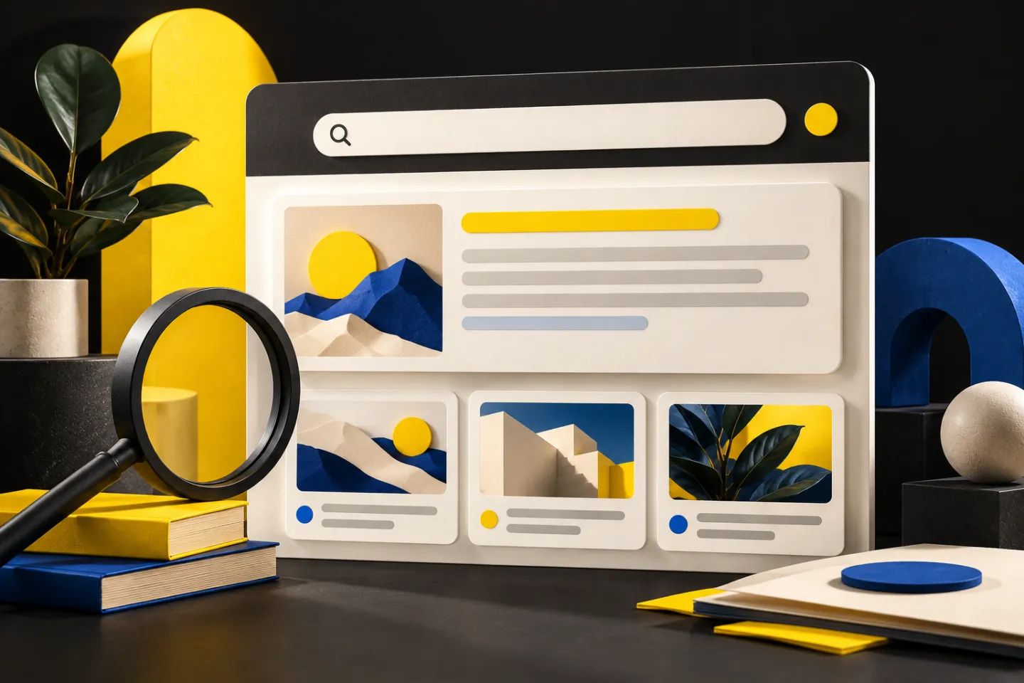 An abstract modern search results screen with a prominent summary panel and visible source cards, no official branding, illustrated in yellow, ivory and charcoal.
