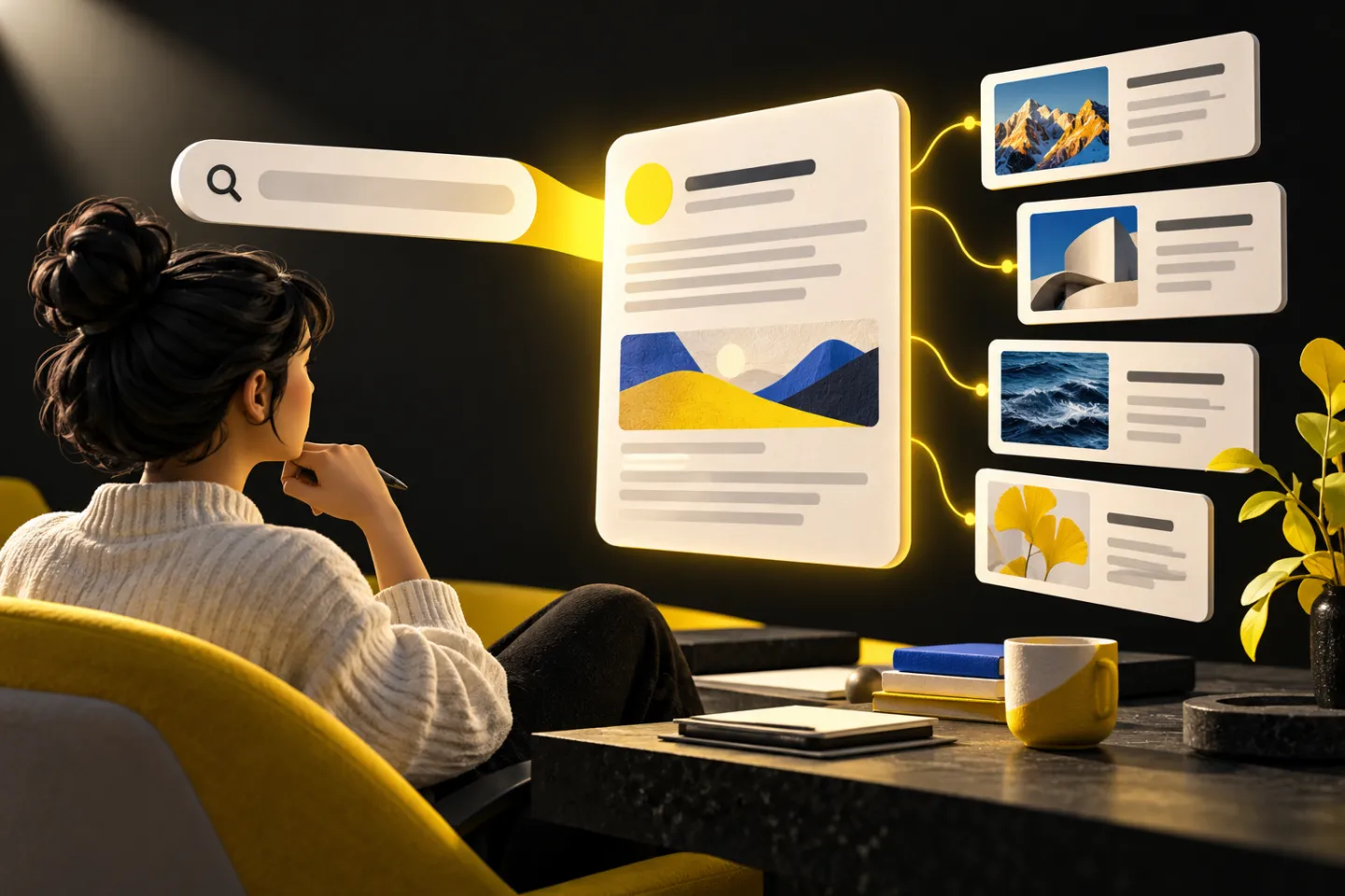 A search interface transforming into an answer panel with multiple source cards and a human reader, illustrated in yellow, ivory and charcoal.