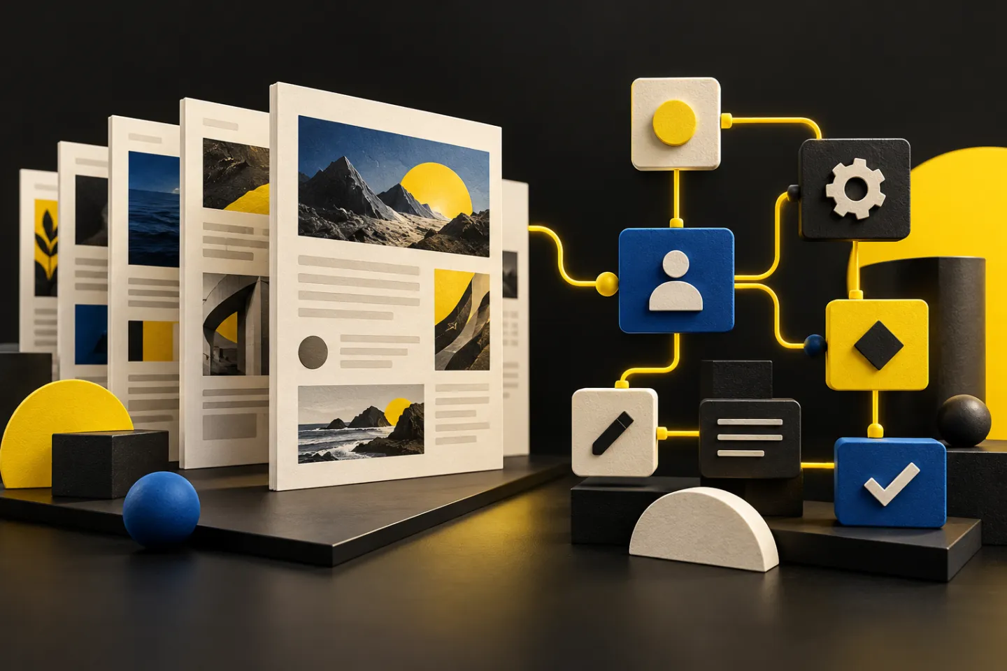 Two architectural approaches: modular publishing pages on one side and connected custom workflow blocks on the other, illustrated in yellow, ivory and charcoal.