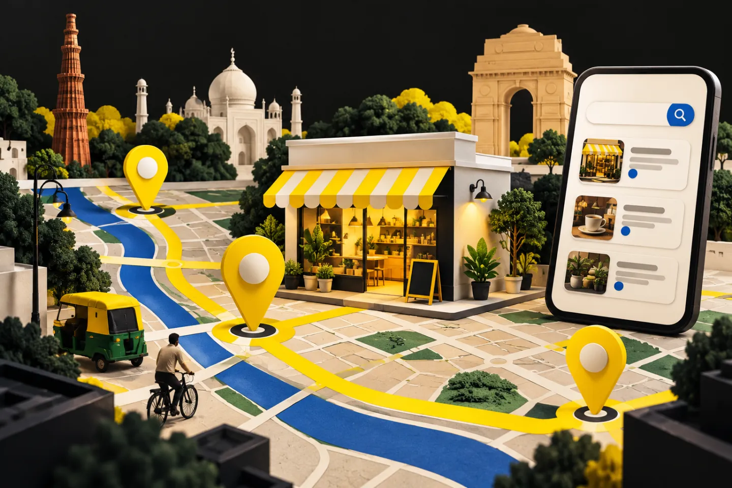 An abstract Delhi neighbourhood street map with a local business storefront, three map pins and a phone search card, illustrated in yellow, ivory and charcoal.