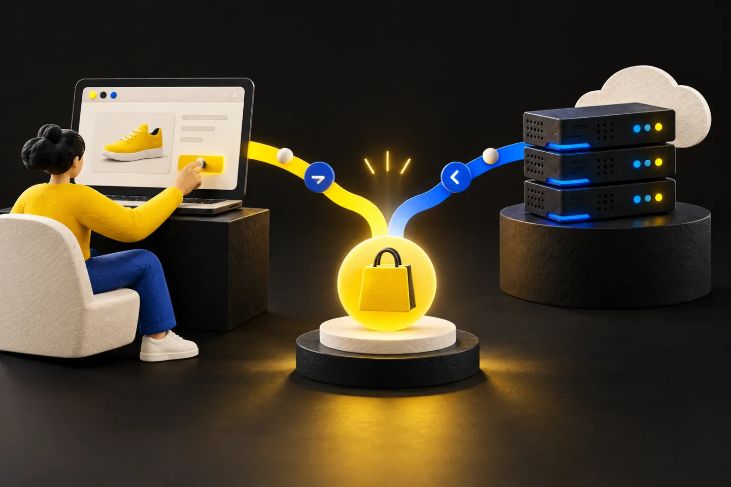 A clear editorial illustration of one ecommerce purchase connected by two paths, browser and server, merging into one event, illustrated in yellow, ivory and charcoal.