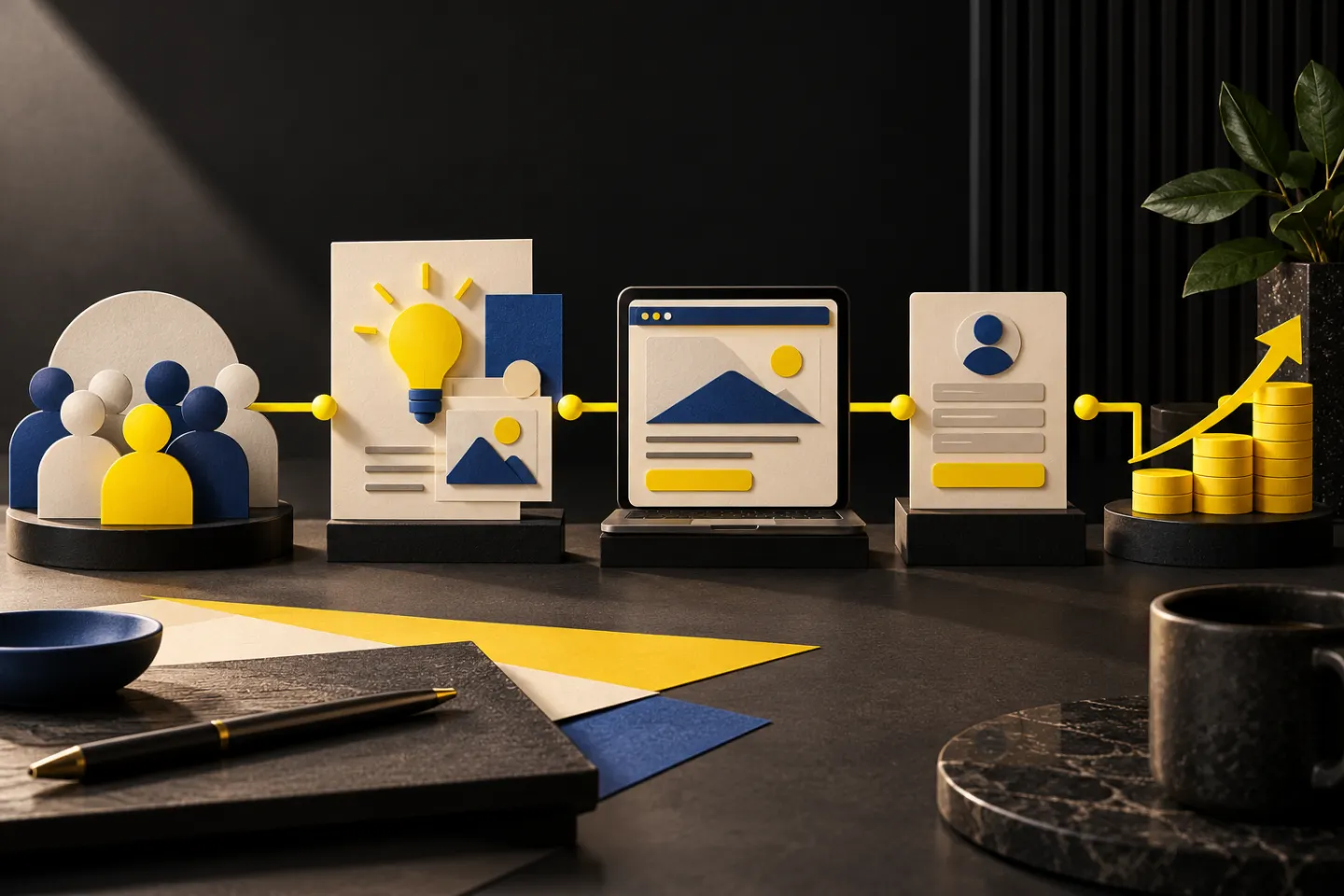 A strategic tabletop with an audience card, campaign concept, landing page, qualified enquiry and revenue measurement linked in order, illustrated in yellow, ivory and charcoal.