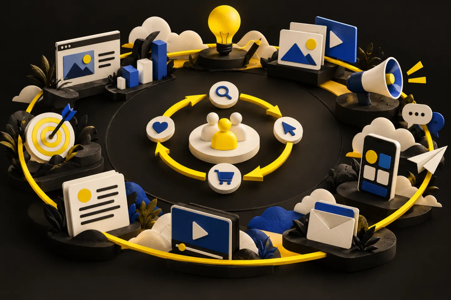 A large ecosystem of brand, content and channels enclosing a smaller measurable acquisition loop, illustrated in yellow, ivory and charcoal.