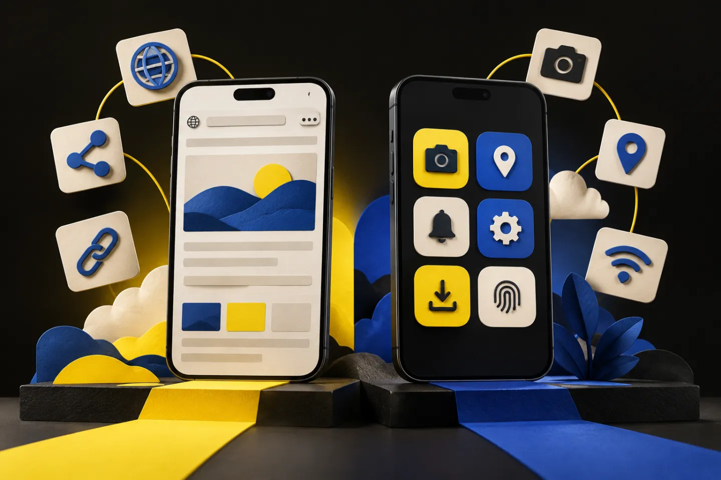 Two distinct smartphones side by side: a mobile browser application and a native app, surrounded by capability tokens, illustrated in yellow, ivory and charcoal.