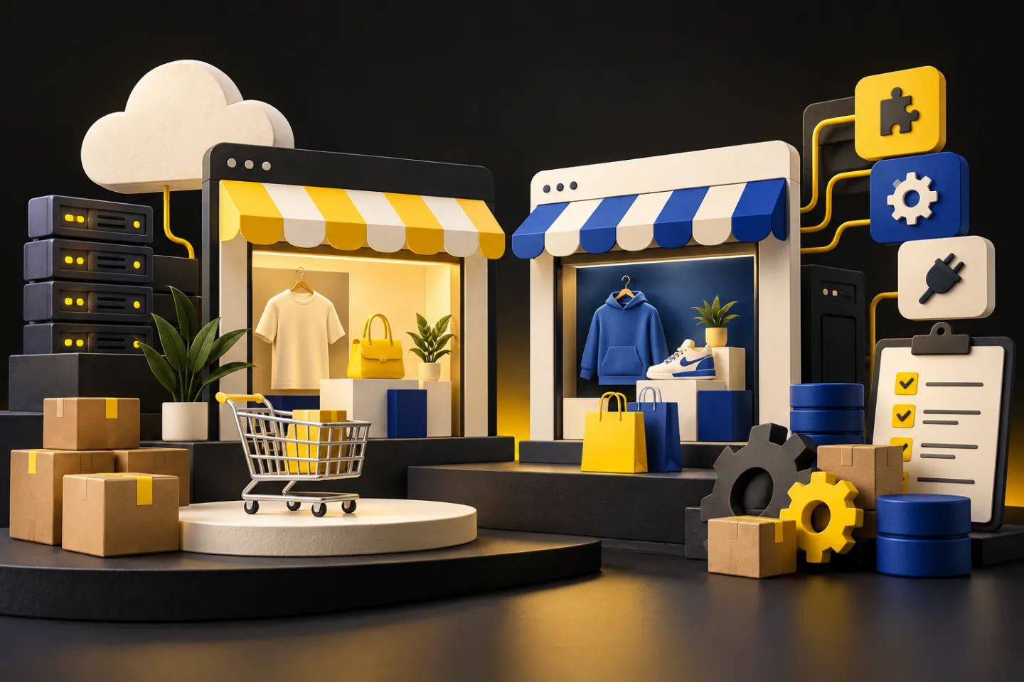 Two equally polished ecommerce storefronts beside hosting, plugins and operational workload objects, illustrated in yellow, ivory and charcoal.
