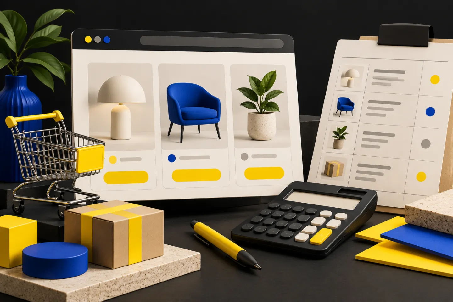 A premium storefront browser, modular product cards, a calculator and an itemised project worksheet, illustrated in yellow, ivory and charcoal.
