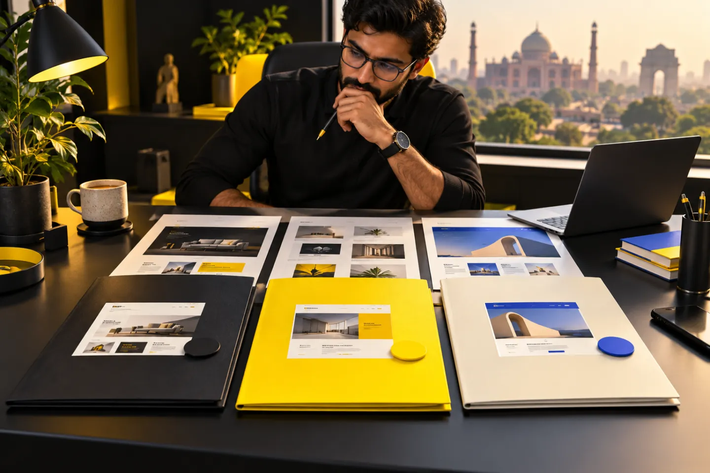 A contemporary Delhi business owner's desk with website layouts and three carefully compared proposal folders, illustrated in yellow, ivory and charcoal.