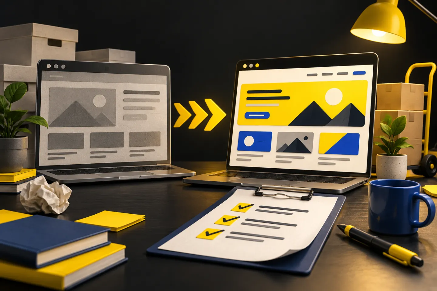 A visual website migration workspace with old and new browser layouts, redirect arrows and a checked launch sheet, illustrated in yellow, ivory and charcoal.