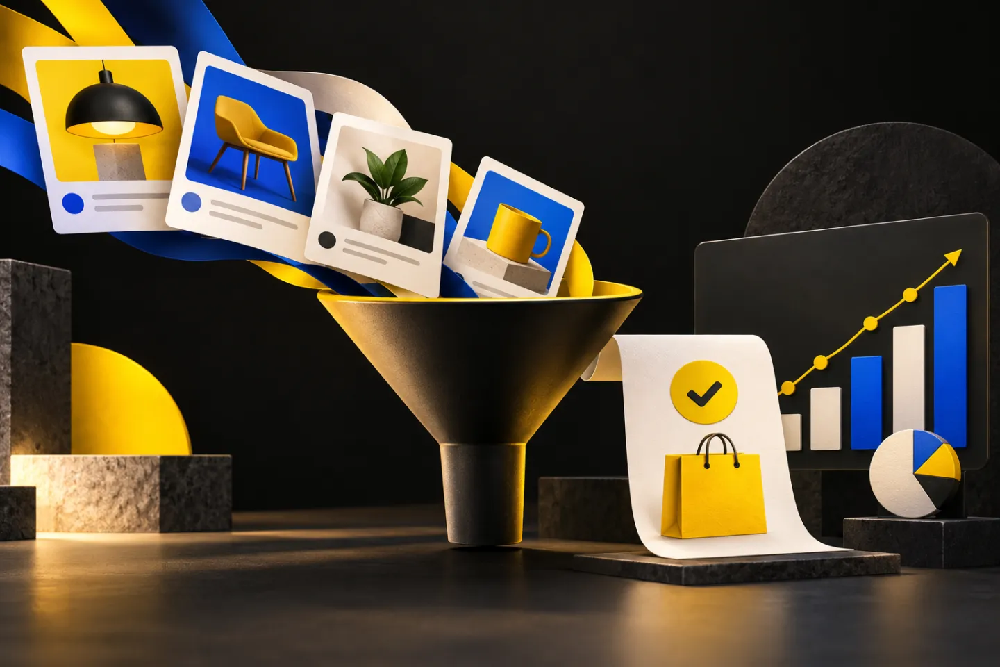 A bold editorial composition of campaign cards flowing through a funnel into a purchase confirmation and measurement chart, illustrated in yellow, ivory and charcoal.